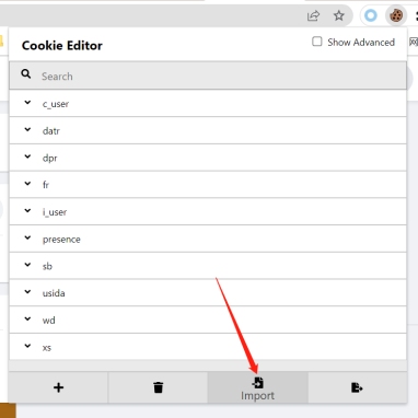 点击 Cookie-Editor 底部的 Import 图标